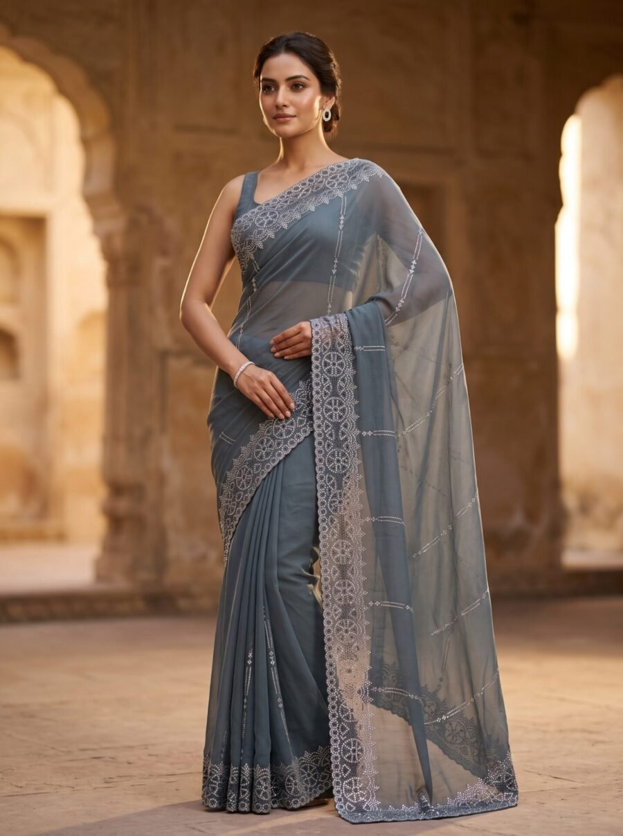 Slate Grey Silver Border Embellished Saree