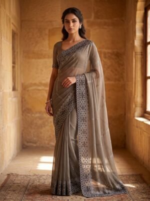 Taupe Grey Silver Border Embellished Saree