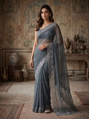 Slate Grey Sparkling Stardust Georgette Saree