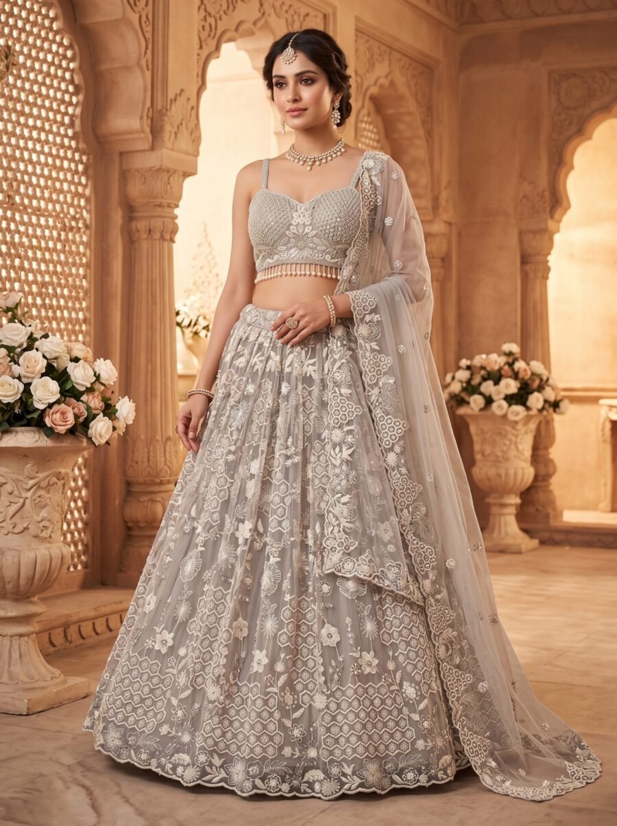 Sleek Silver Grey Floral Embroidered Lehenga with Pearl-Hem Choli