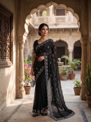Classic Black Star Pattern Embellished Saree