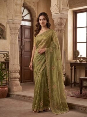 Mehendi Green Star Pattern Embellished Saree