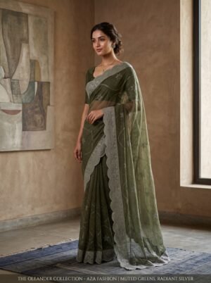 Olive Green Star Pattern Embellished Saree