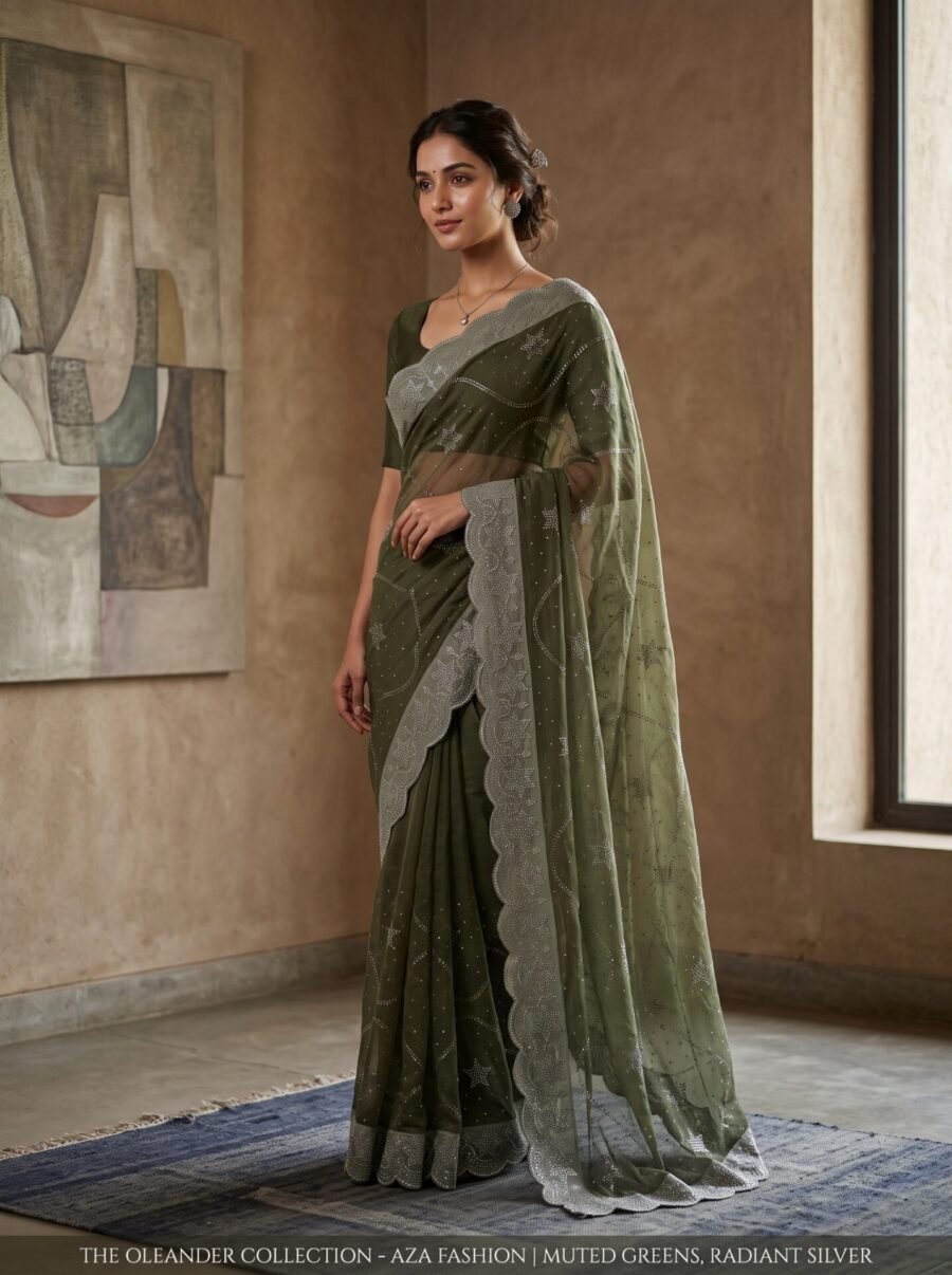 Olive Green Star Pattern Embellished Saree