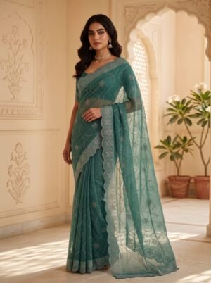 Sea Green Star Pattern Embellished Saree