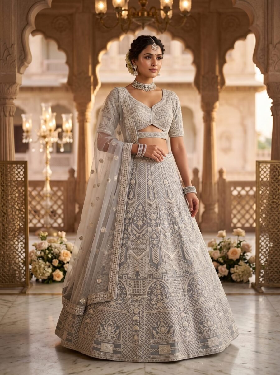Steel Grey Mughal Archway Chevron Embroidered Lehenga with Cutout Choli