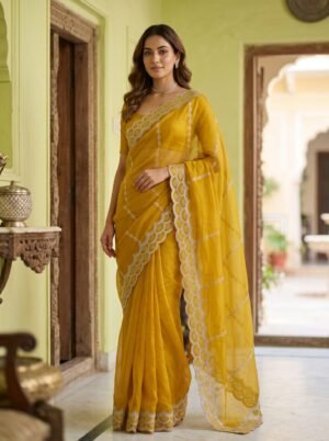 Sunlit Mustard Festive Border Saree