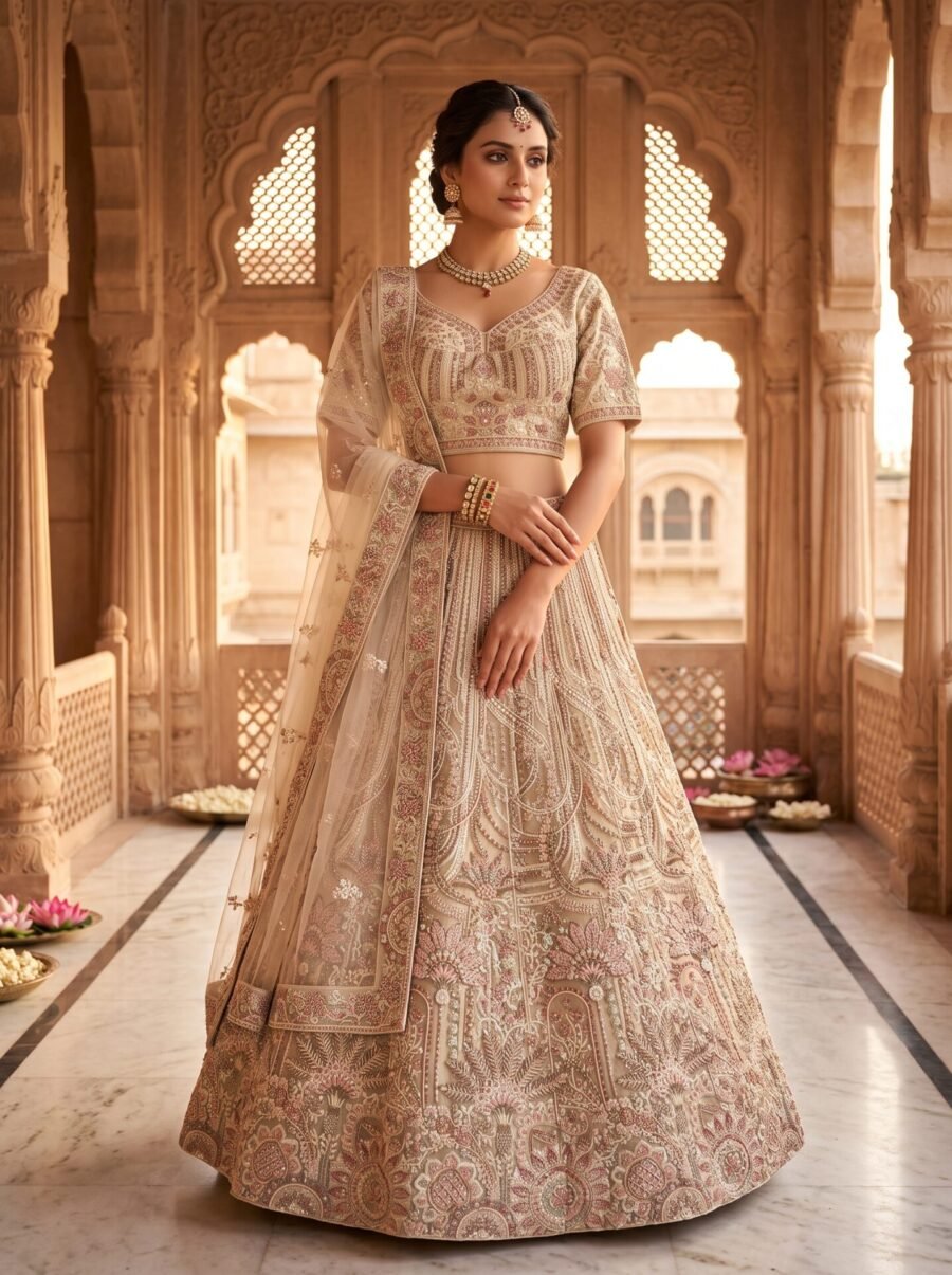 Vintage Rose Gold Floral Kalidaar Embroidered Bridal Lehenga Choli