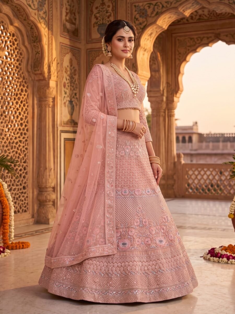 Warm Coral Pink Floral Grid Embroidered Designer Lehenga Choli