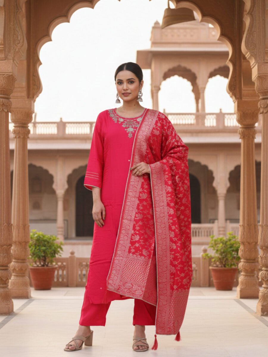 Pink Embroidered Kurta Set with Banarasi Dupatta