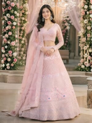 Elowen Blush Rose Pastel Floral Sequin Bridal Lehenga Set