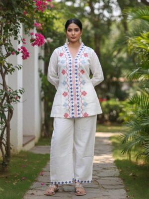 White Floral Embroidered Kurta Pant Set