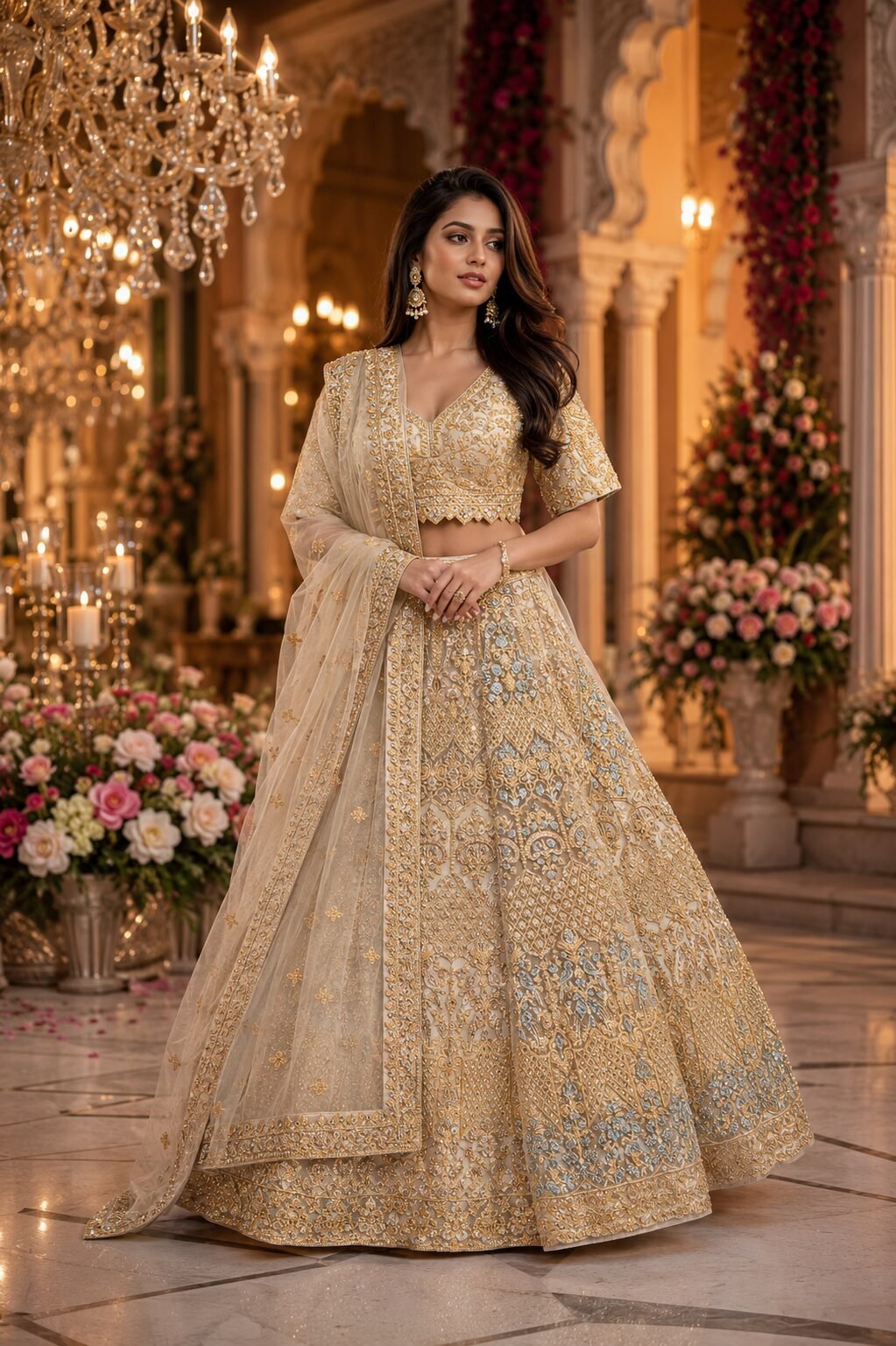 Aadhira Champagne Gold Silver Embroidered Bridal Lehenga Set