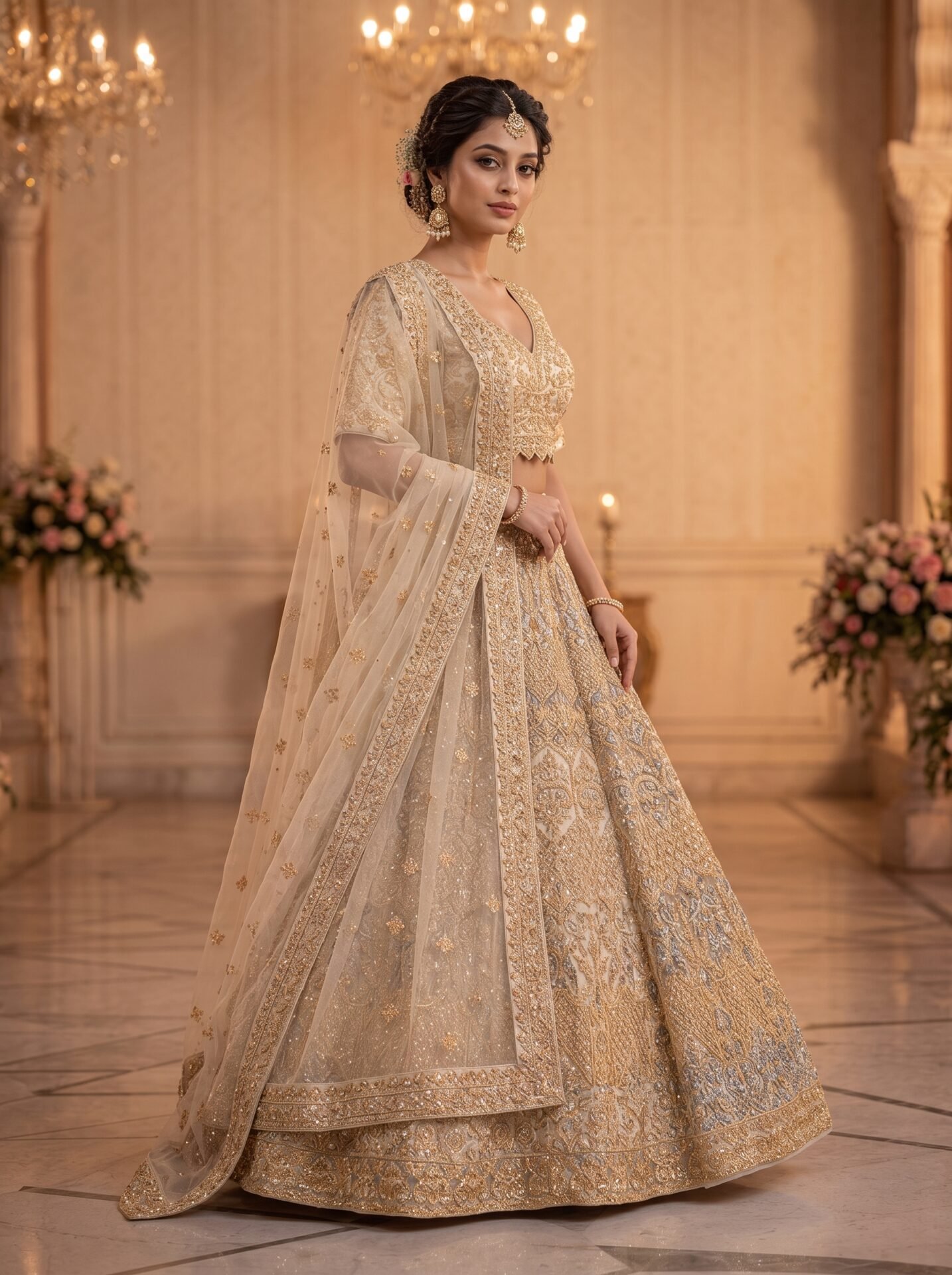 Aadhira Champagne Gold Silver Embroidered Bridal Lehenga Set - Image 2