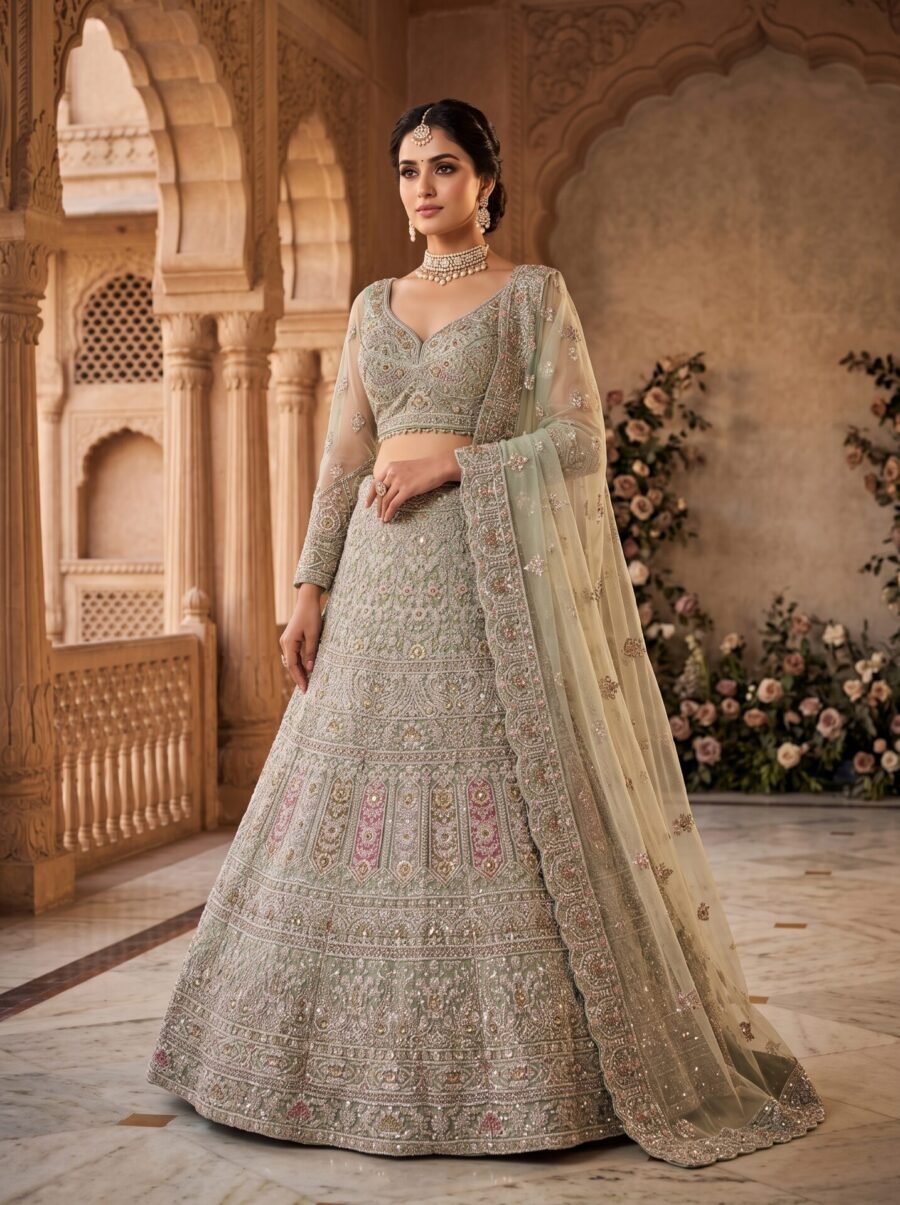 Aafreen Pistachio Mint Gold Embroidered Bridal Lehenga Set