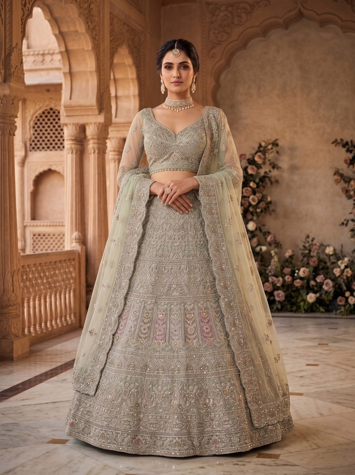 Aafreen Pistachio Mint Gold Embroidered Bridal Lehenga Set - Image 2