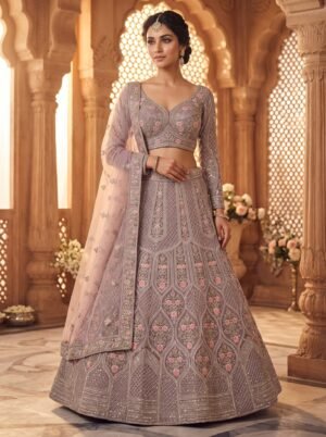 Aarika Dusty Mauve Floral Embroidered Bridal Lehenga Set