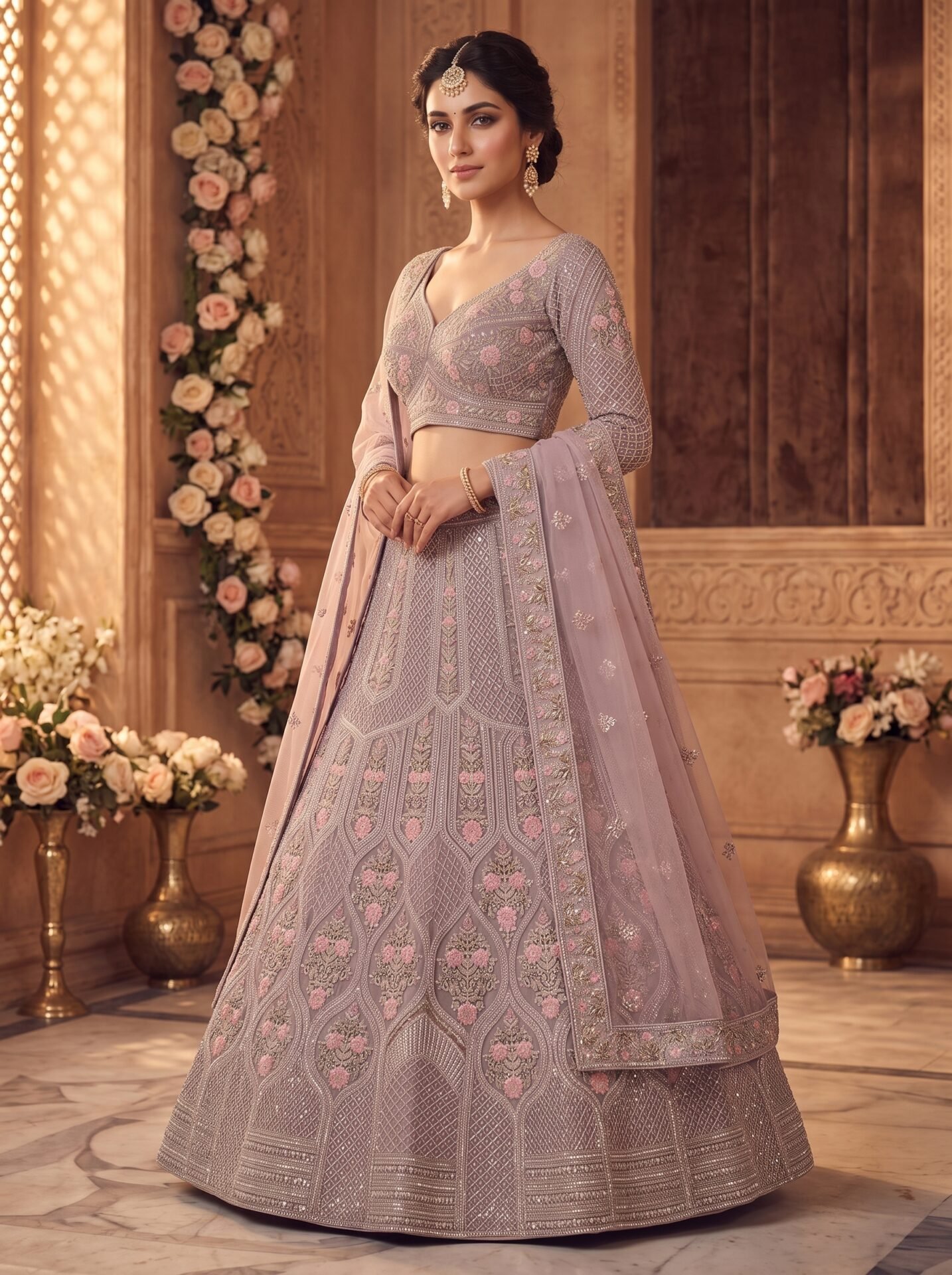 Aarika Dusty Mauve Floral Embroidered Bridal Lehenga Set - Image 2