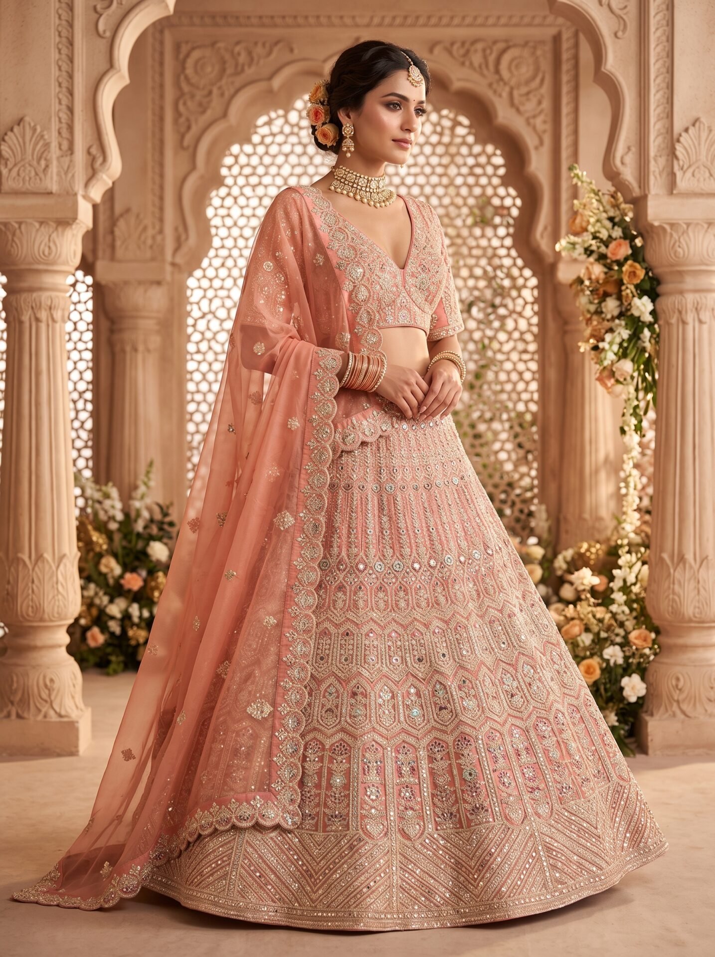 Aarohi Peach Rose Gold Embroidered Bridal Lehenga Set