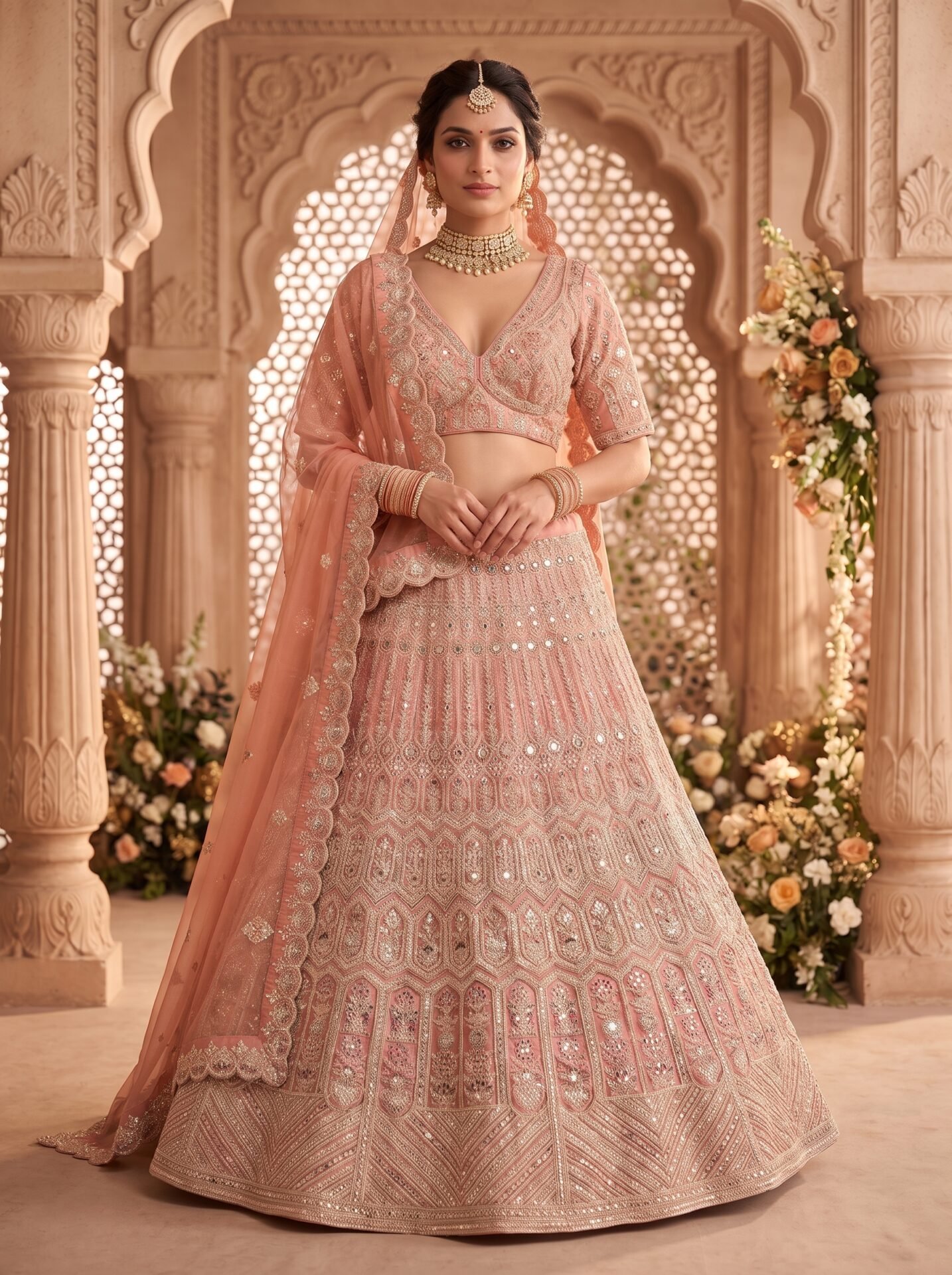 Aarohi Peach Rose Gold Embroidered Bridal Lehenga Set - Image 2