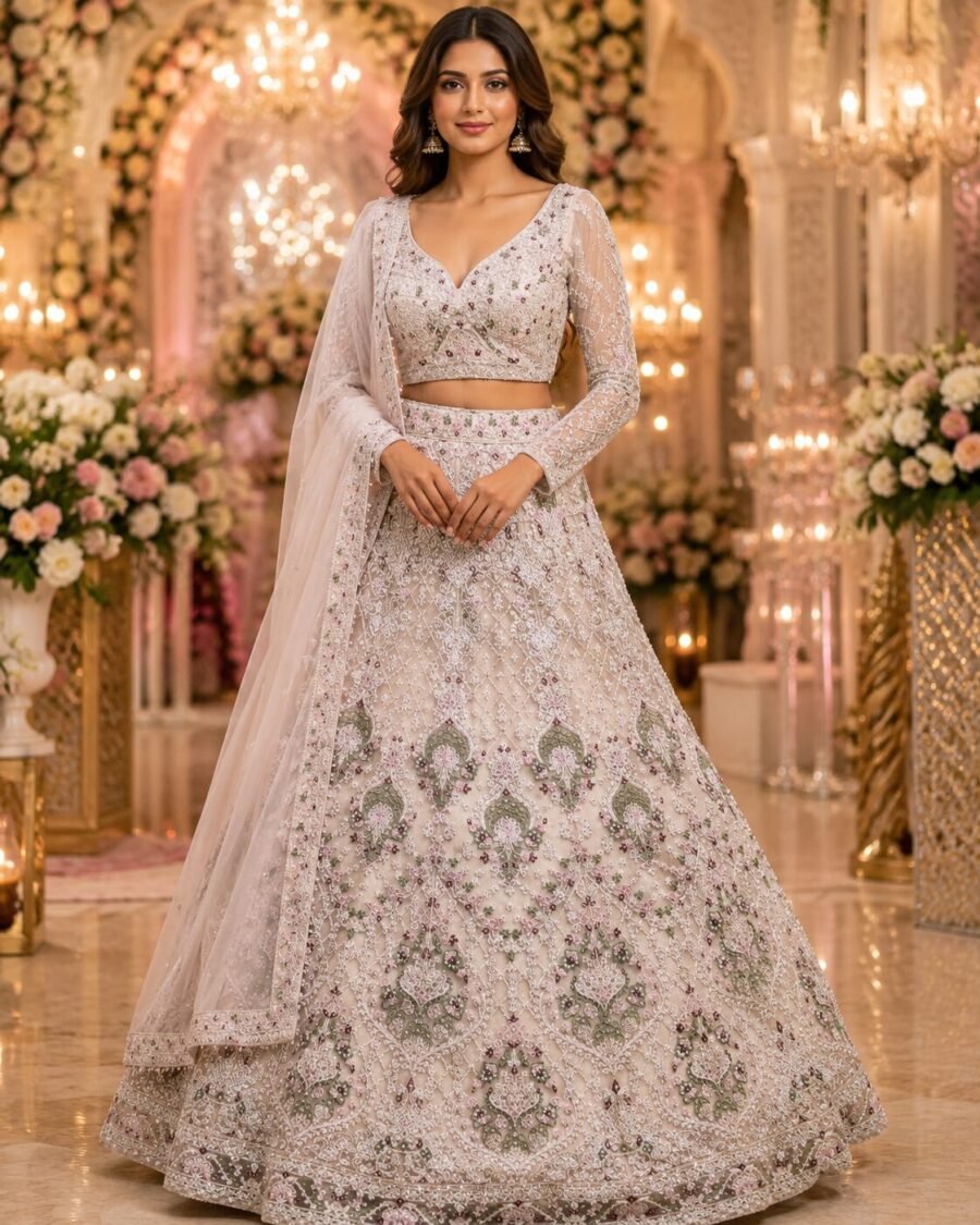Anvika Ivory Sage Floral Embroidered Bridal Lehenga Set