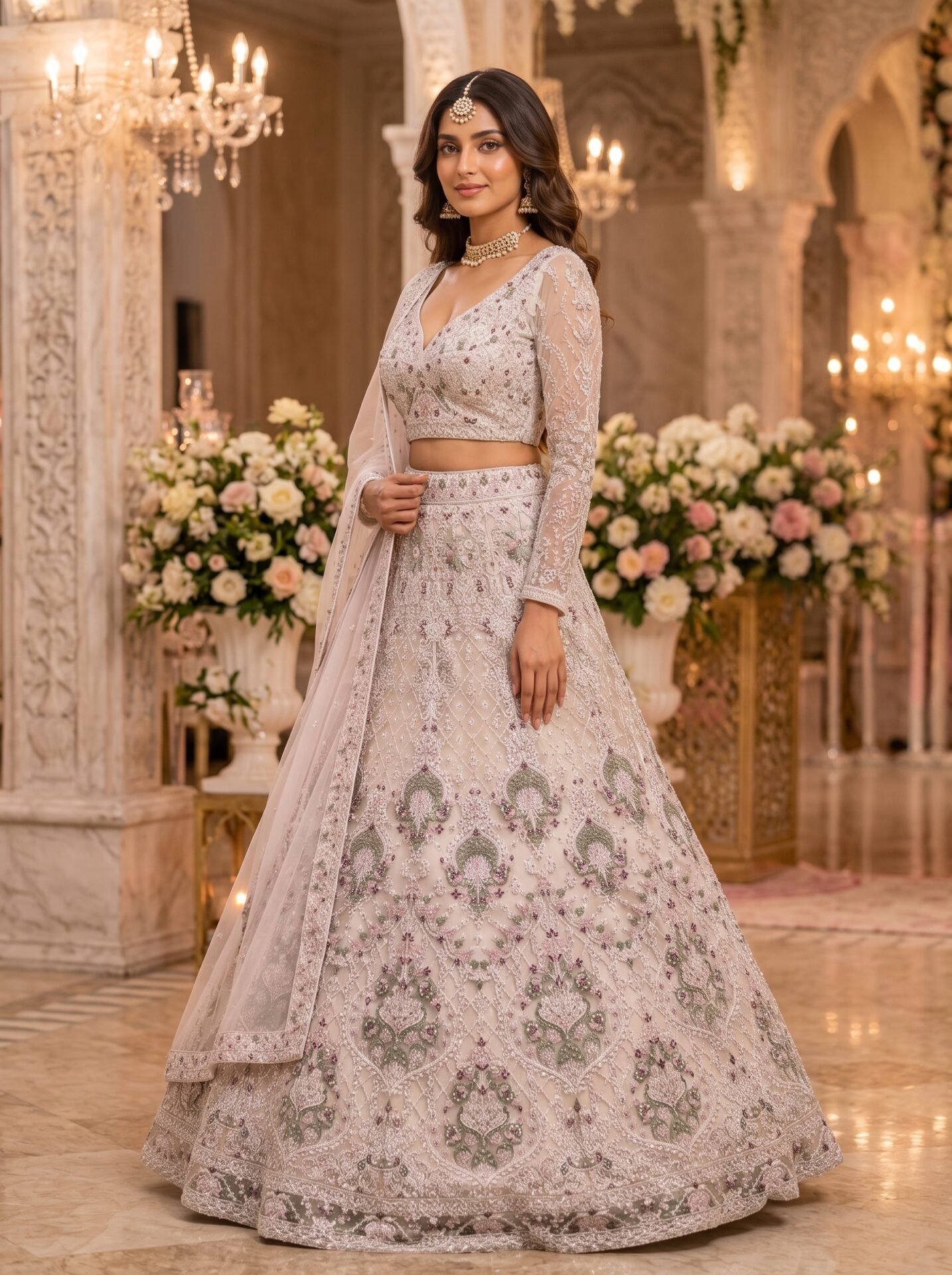 Anvika Ivory Sage Floral Embroidered Bridal Lehenga Set - Image 2