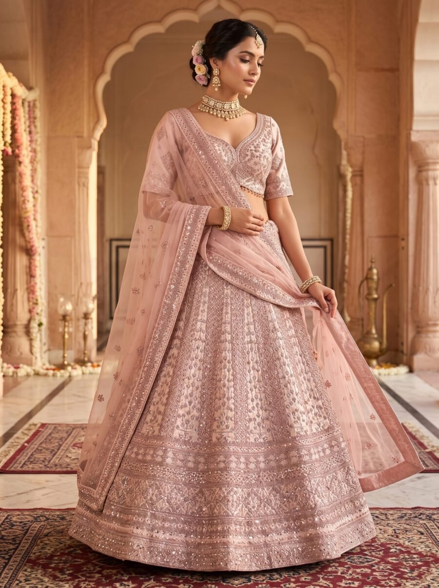 Aurelia Blush Pink Rose Gold Sequin Bridal Lehenga Set