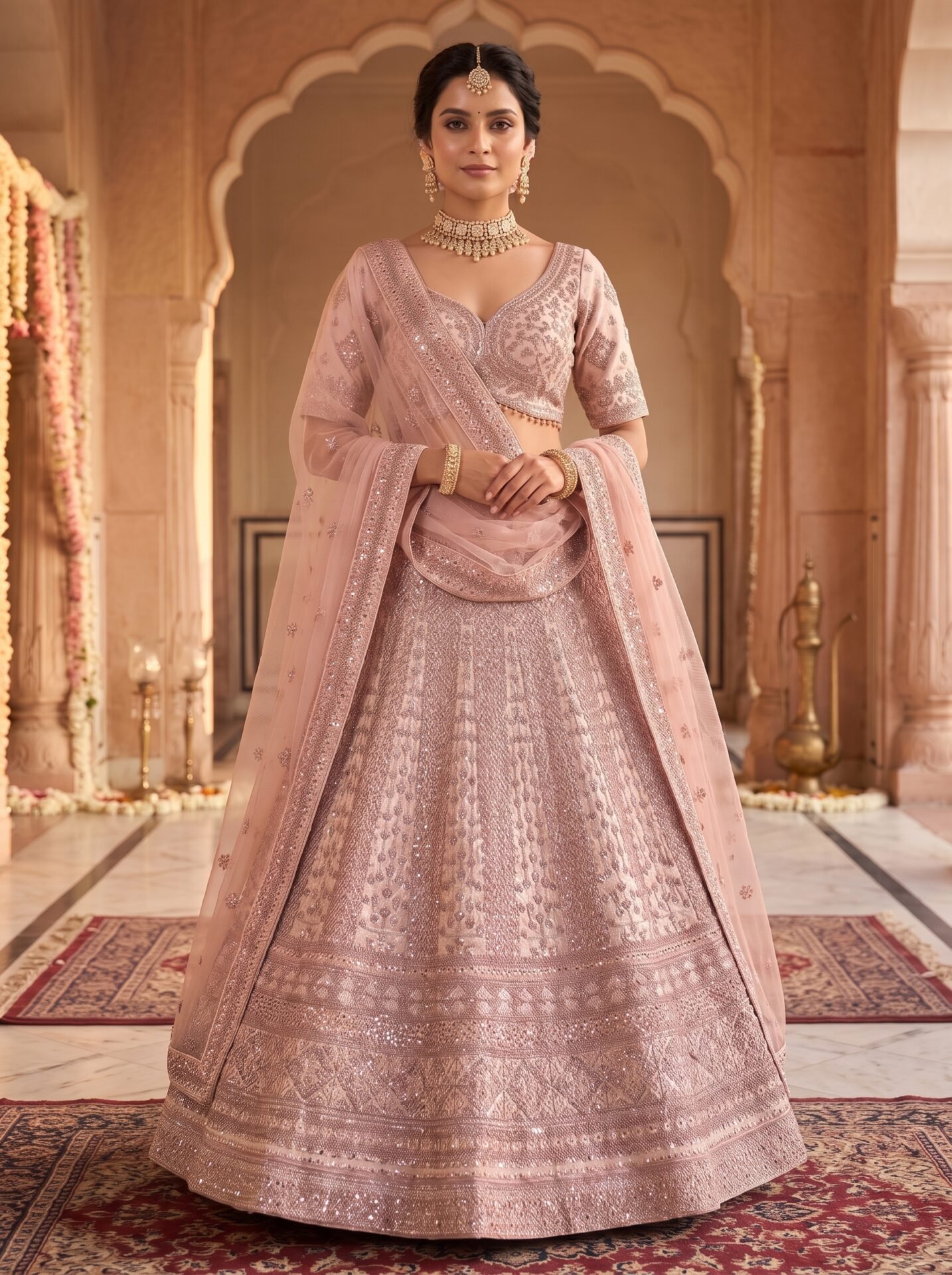 Aurelia Blush Pink Rose Gold Sequin Bridal Lehenga Set - Image 2
