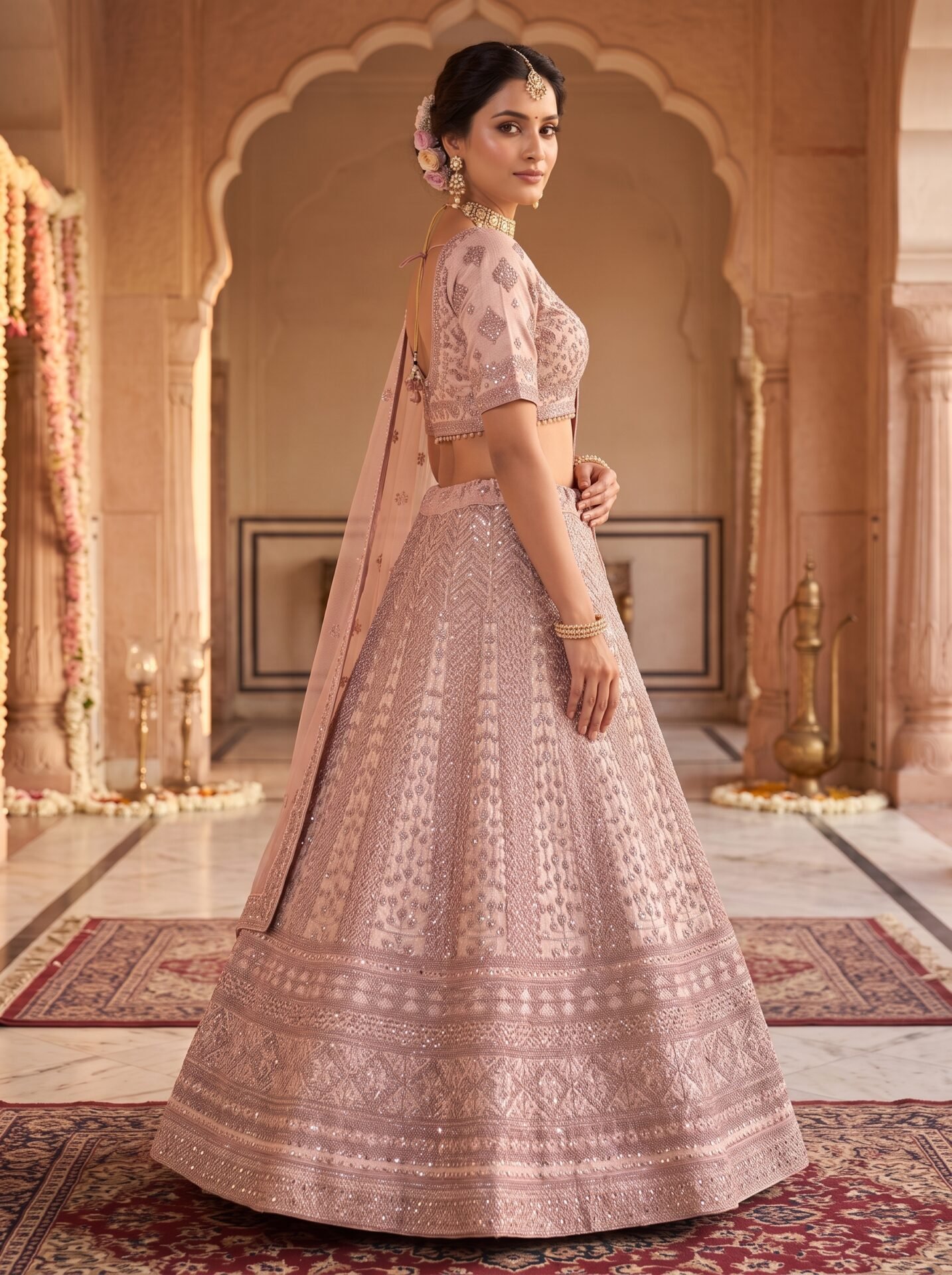 Aurelia Blush Pink Rose Gold Sequin Bridal Lehenga Set - Image 3
