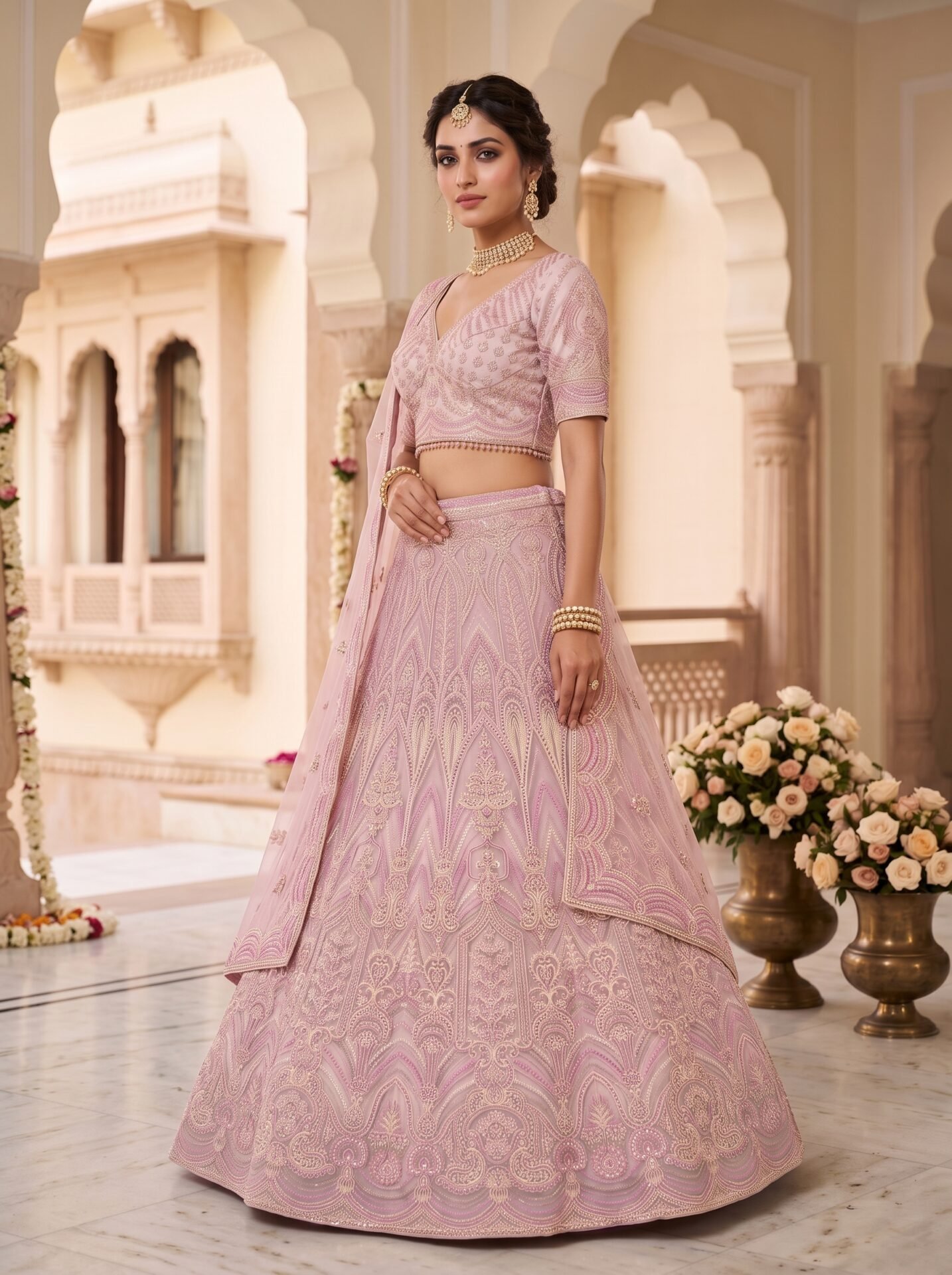 Blush Mauve Filigree Zari & Sequin Bridal Lehenga Choli with Dupatta - Image 2