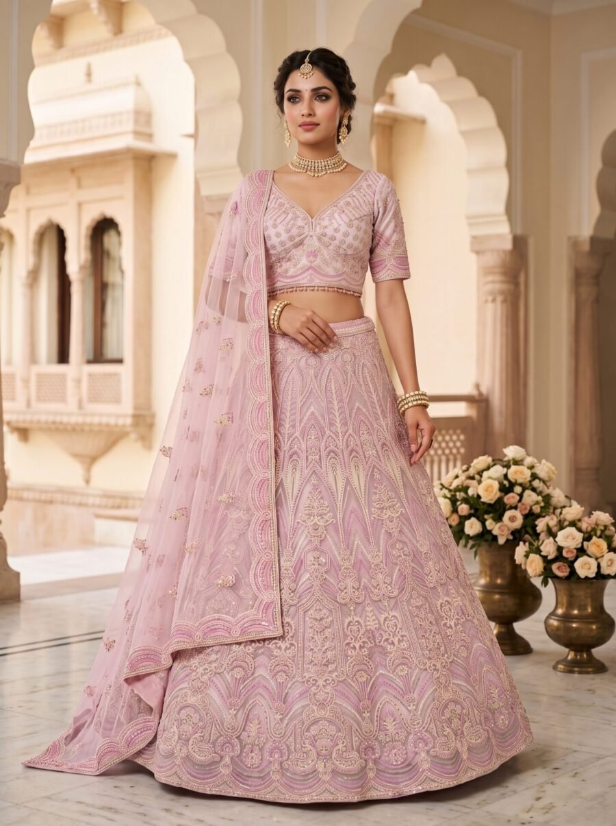 Blush Mauve Filigree Zari & Sequin Bridal Lehenga Choli with Dupatta