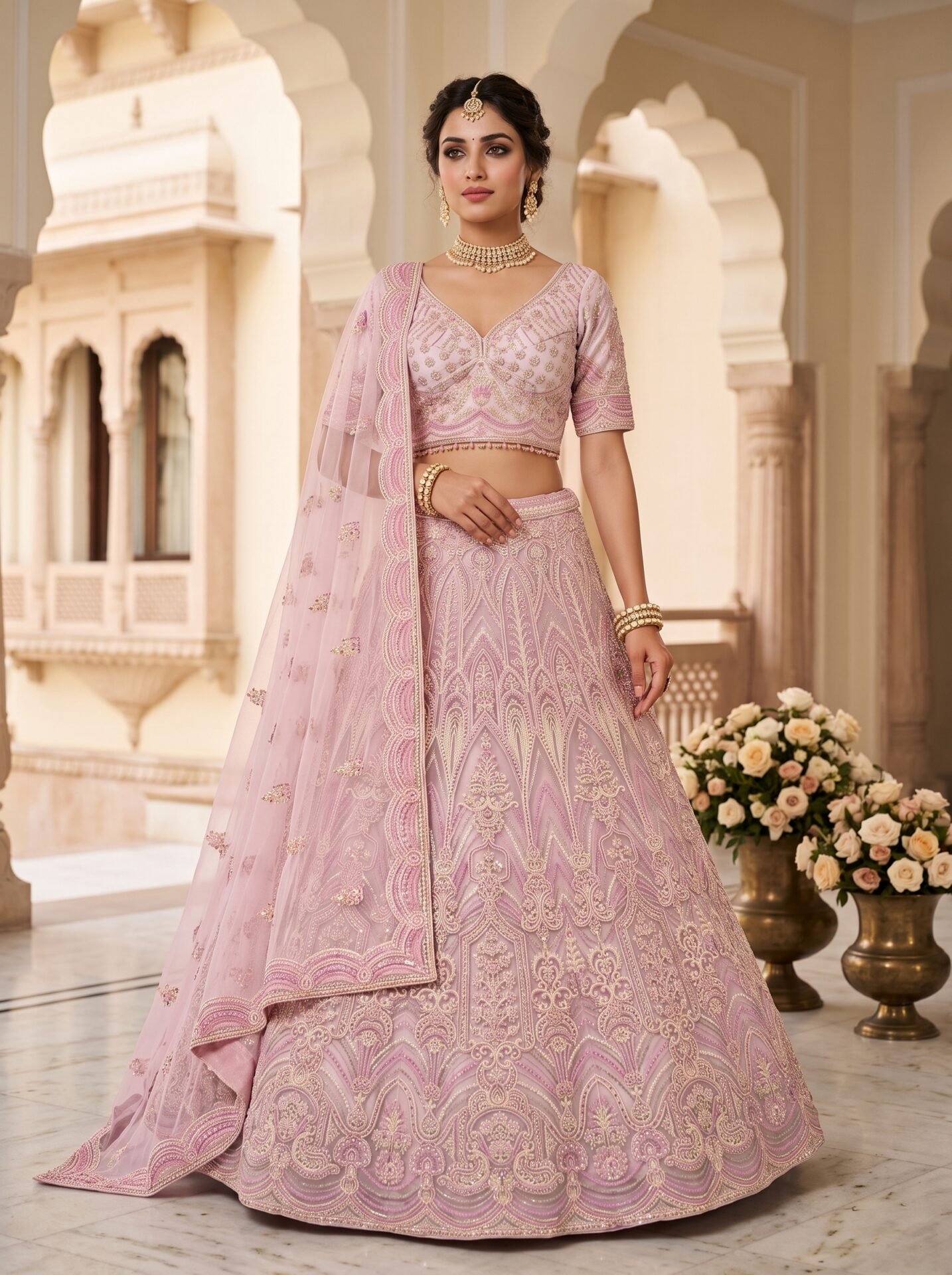 Blush Mauve Filigree Zari & Sequin Bridal Lehenga Choli with Dupatta