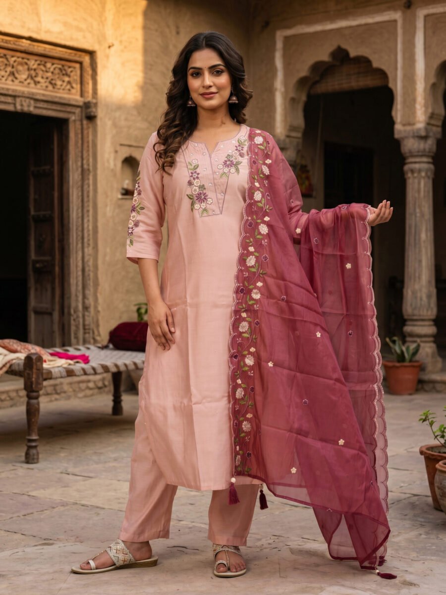 Blush Petal Embroidered Kurta Set with Wine Organza Dupatta