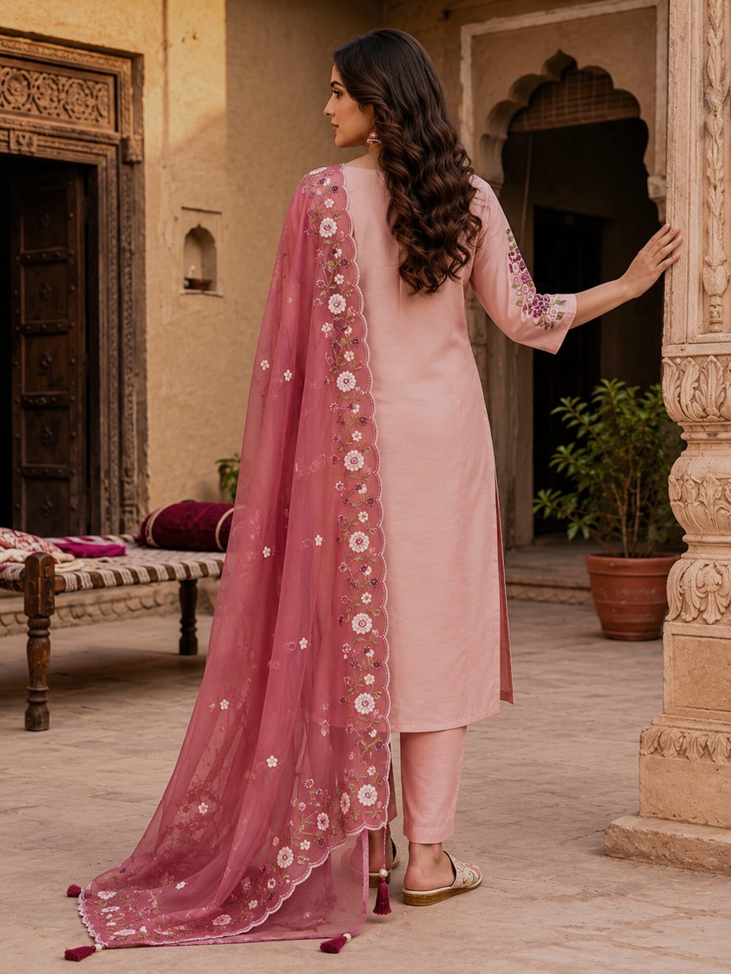 Blush Petal Embroidered Kurta Set with Wine Organza Dupatta - Image 2