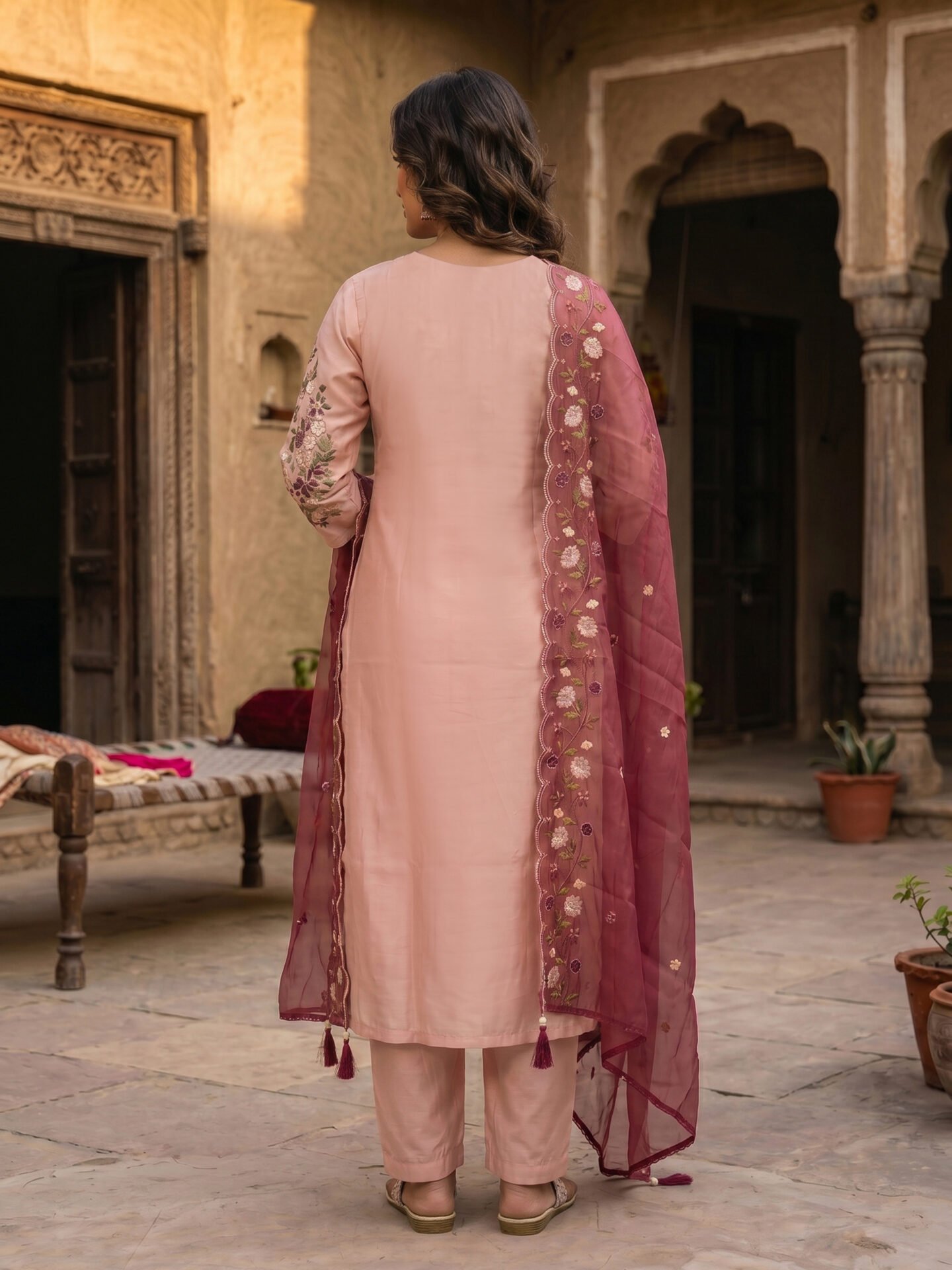 Blush Petal Embroidered Kurta Set with Wine Organza Dupatta - Image 3