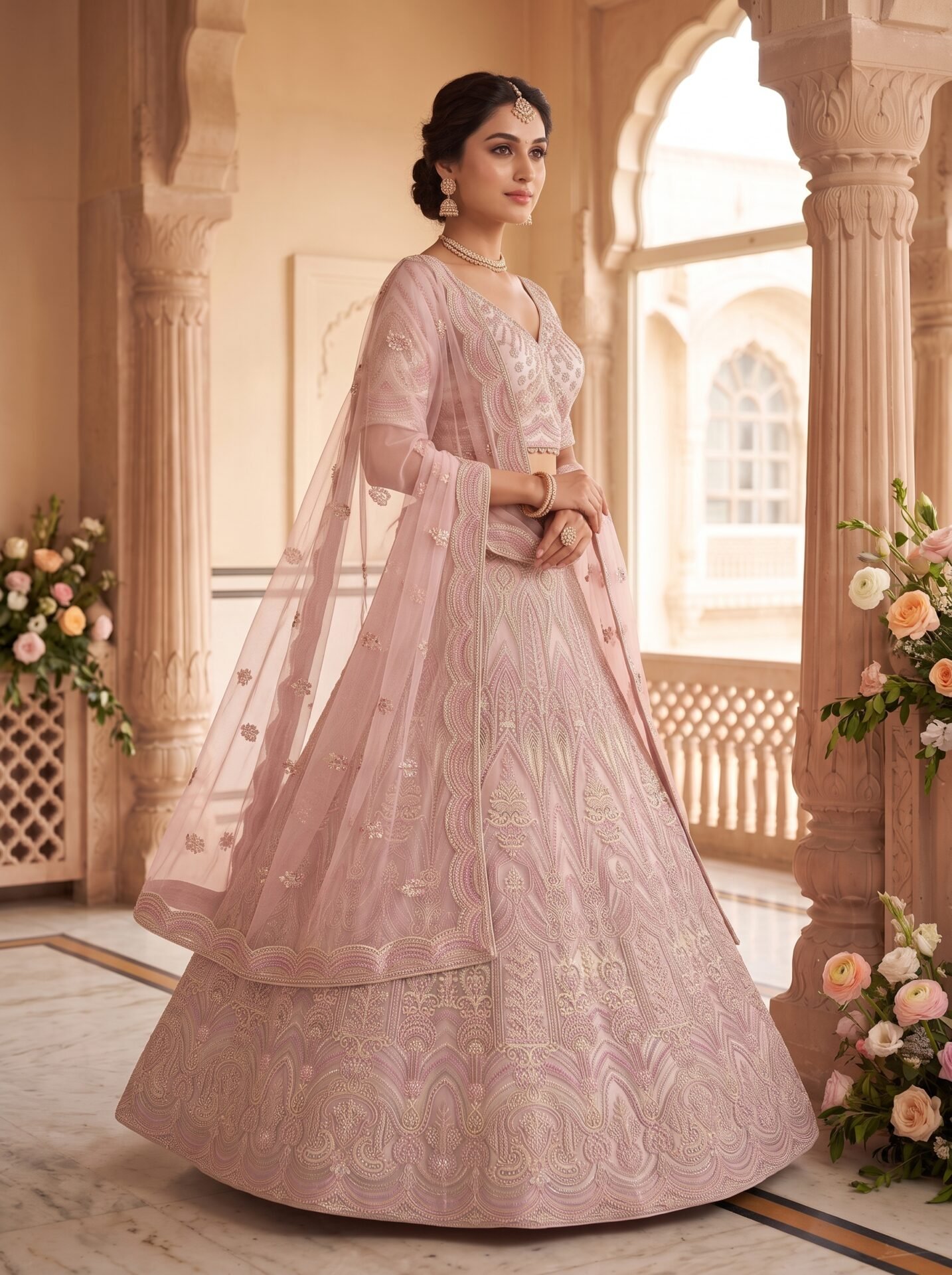 Blush Rose Antique Zari & Sequin Motif Bridal Lehenga Choli with Dupatta - Image 2