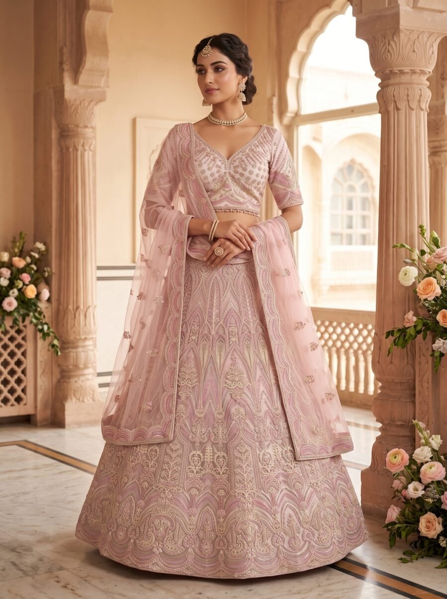 Blush Rose Antique Zari & Sequin Motif Bridal Lehenga Choli with Dupatta