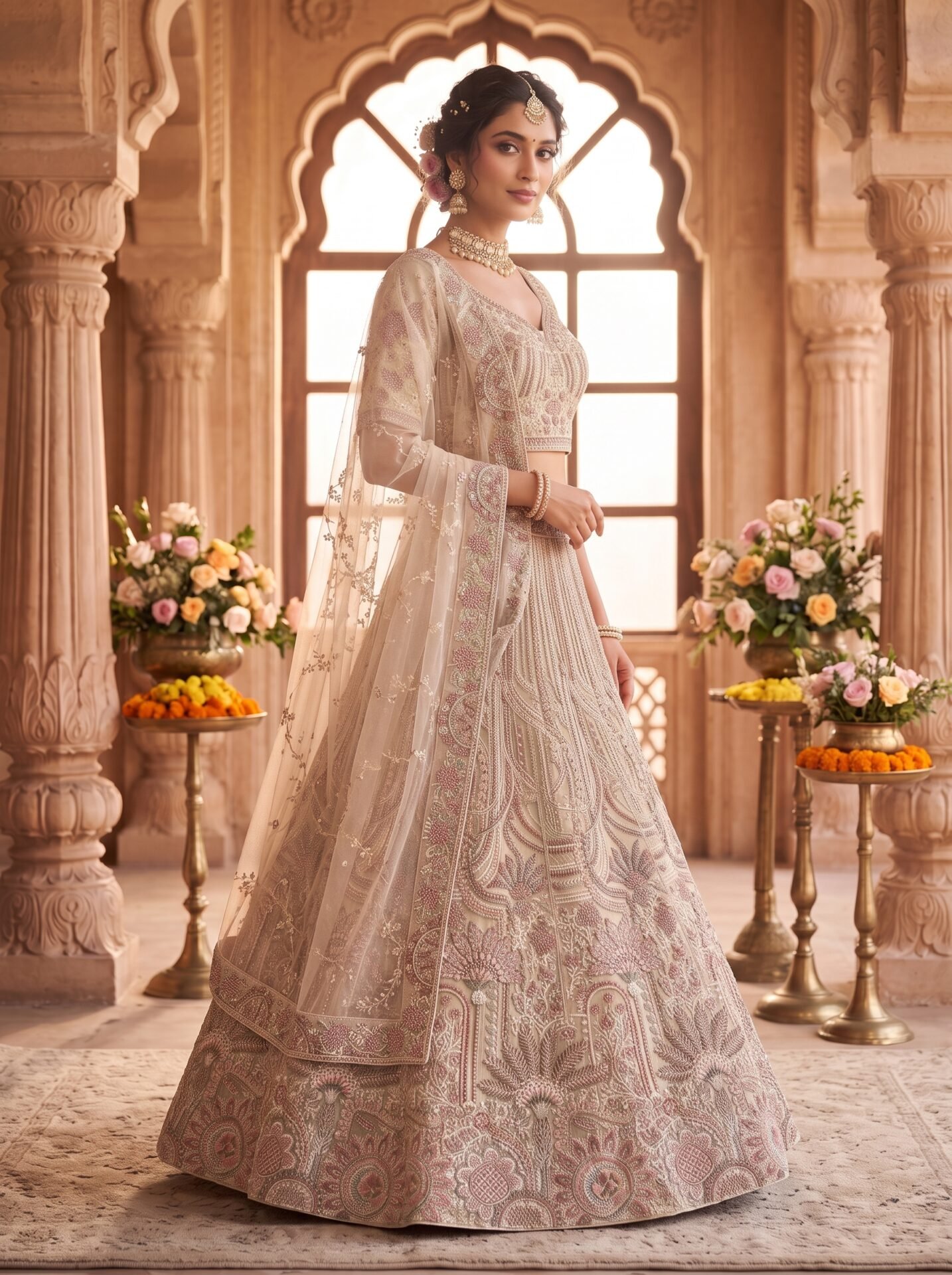Champagne Beige Floral Buti Zari & Sequin Bridal Lehenga Choli with Dupatta - Image 2