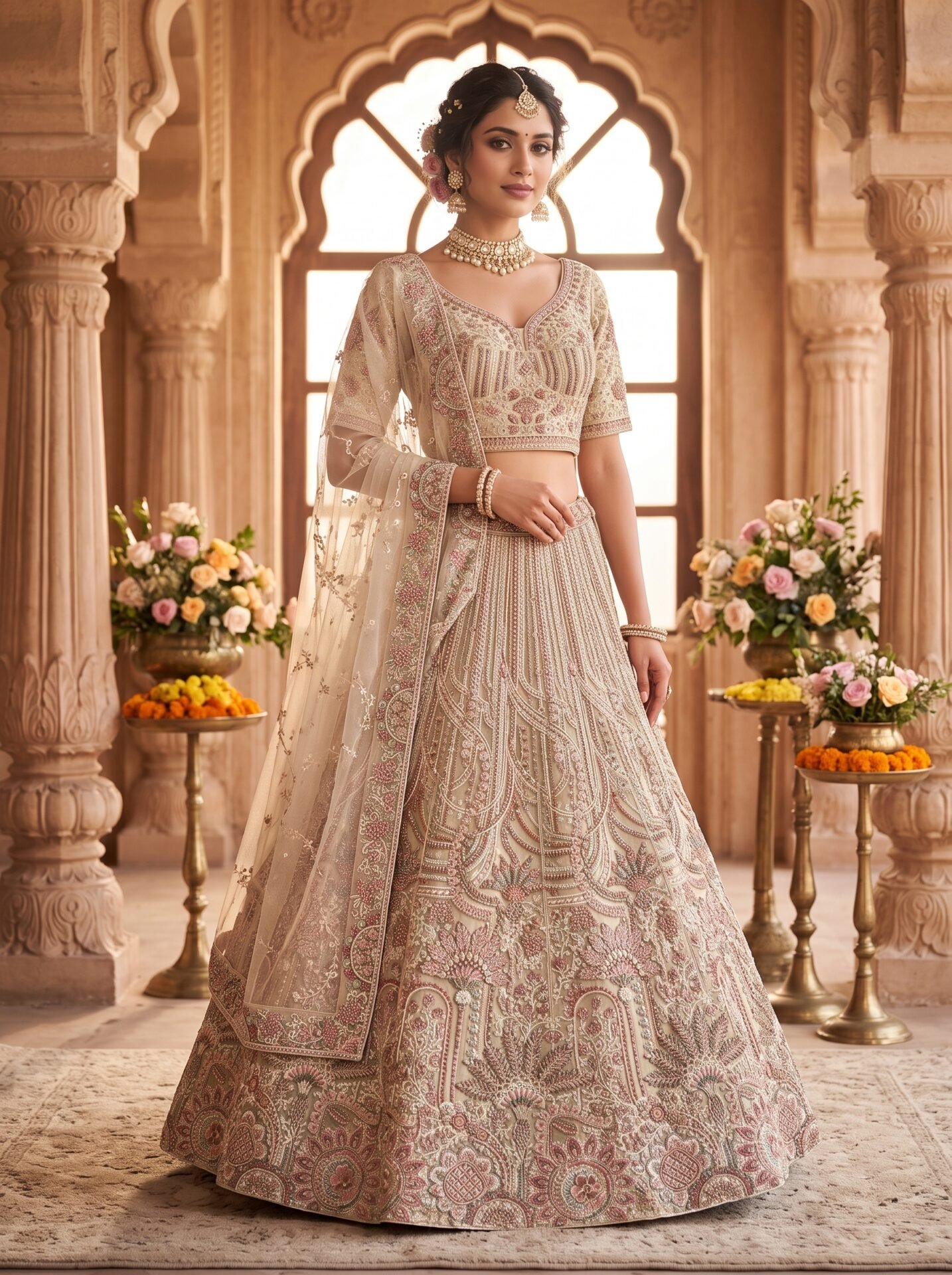 Champagne Beige Floral Buti Zari & Sequin Bridal Lehenga Choli with Dupatta