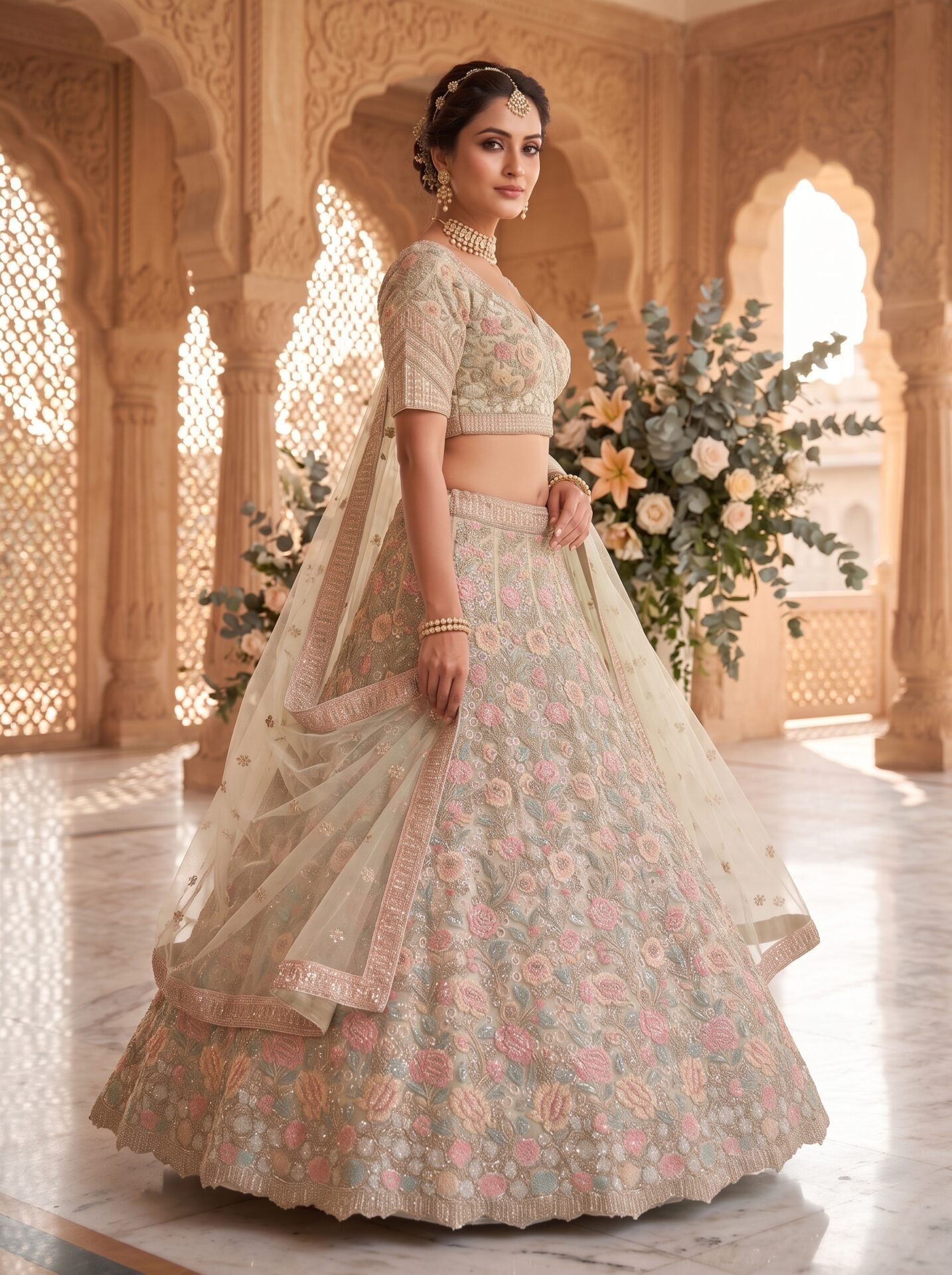 Champagne Beige Multicolor Rose Buti Zari & Sequin Bridal Lehenga Choli with Dupatta - Image 2