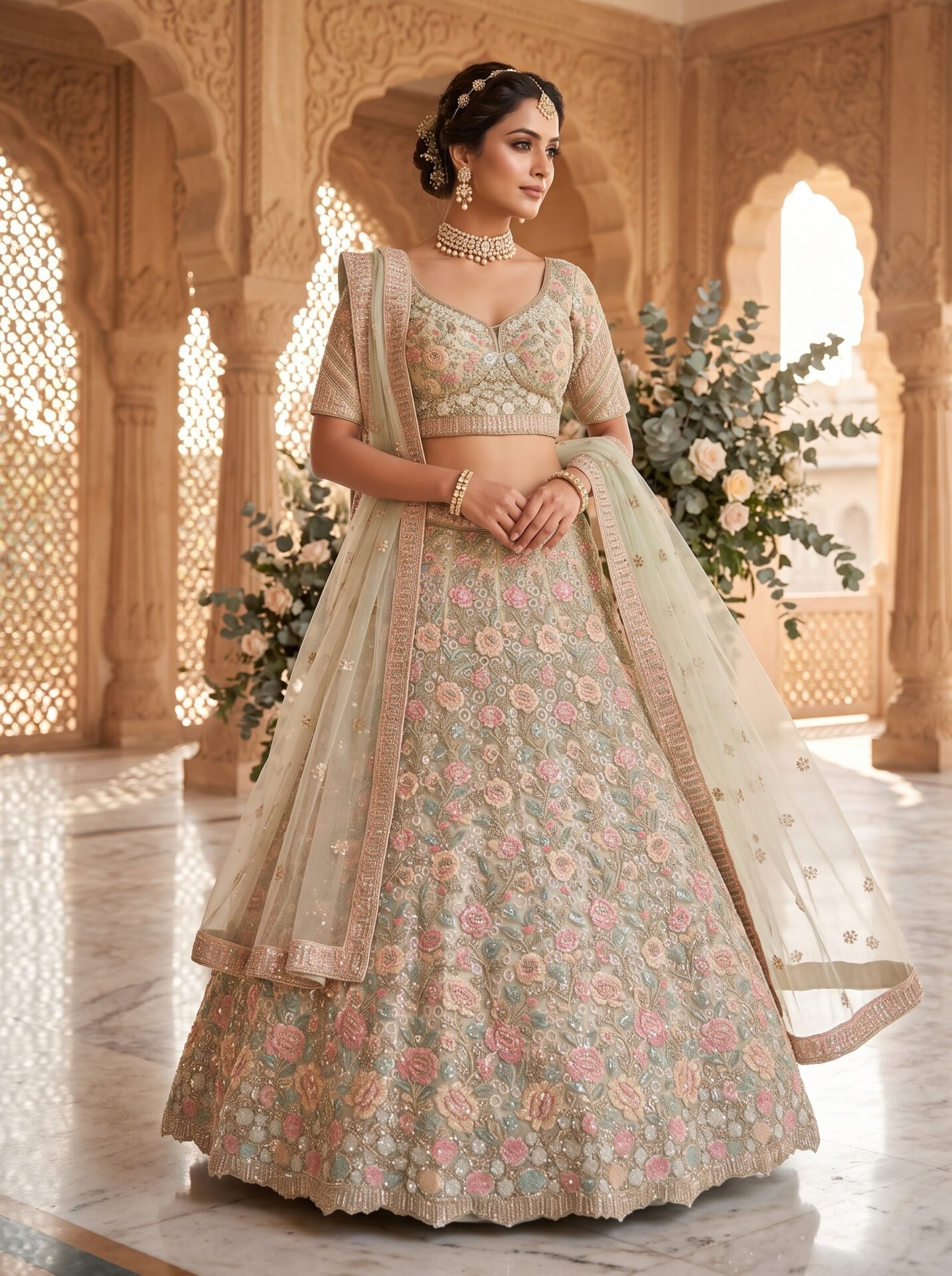 Champagne Beige Multicolor Rose Buti Zari & Sequin Bridal Lehenga Choli with Dupatta