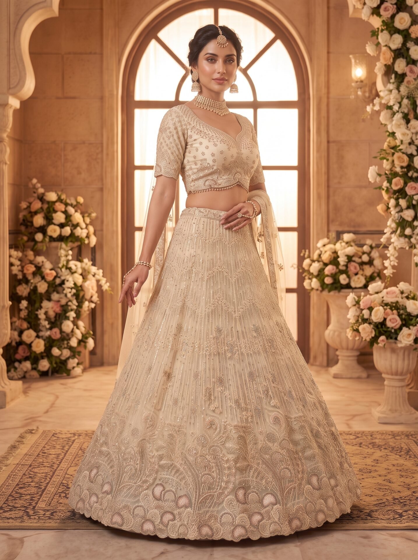 Champagne Gold Floral Buti Zari & Sequin Bridal Lehenga Choli with Dupatta - Image 2