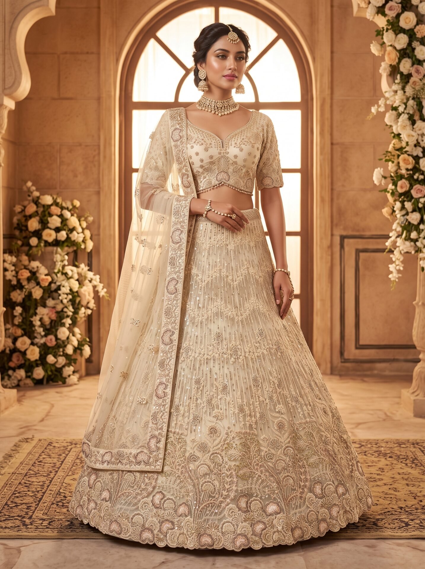 Champagne Gold Floral Buti Zari & Sequin Bridal Lehenga Choli with Dupatta