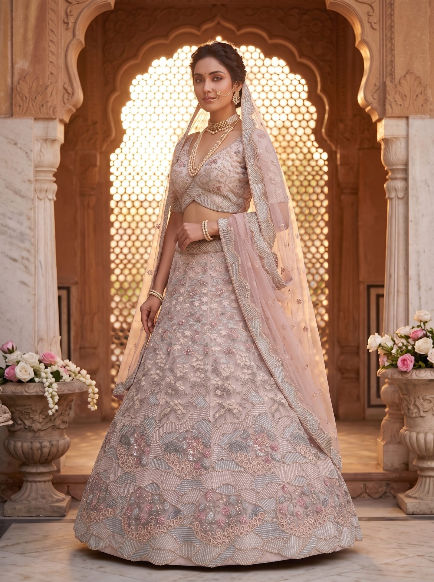 Champagne Silver Floral Buti Zari & Sequin Bridal Lehenga Choli with Dupatta - Image 2