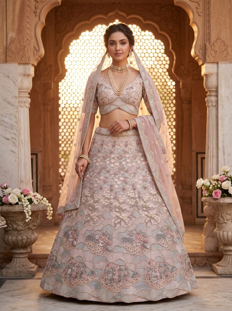 Champagne Silver Floral Buti Zari & Sequin Bridal Lehenga Choli with Dupatta