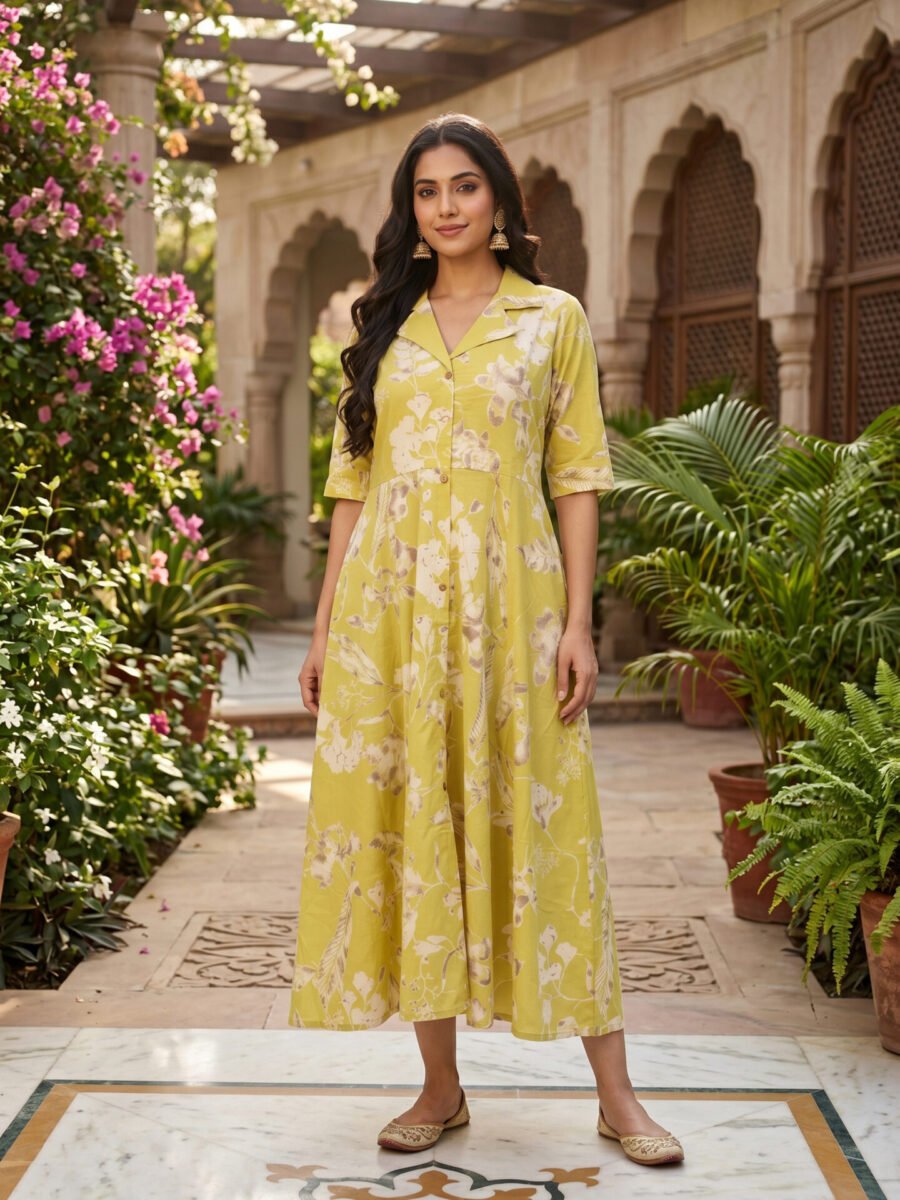 Citrus Grove Floral Print Button-Down Midi Dress