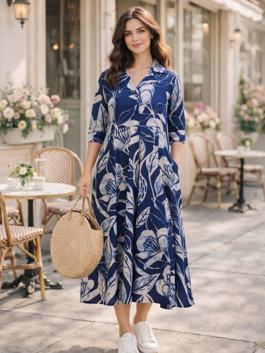 Cobalt Batik Botanical Collar Midi Dress