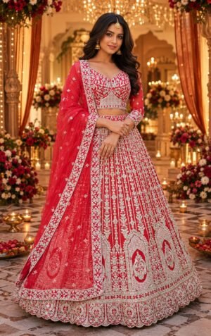 Devika Scarlet Red Silver Zari Bridal Lehenga Set