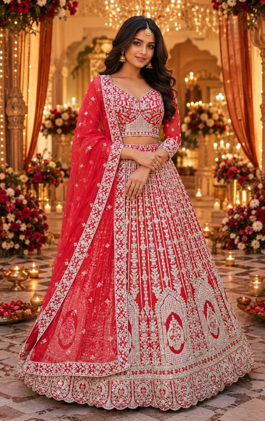 Devika Scarlet Red Silver Zari Bridal Lehenga Set
