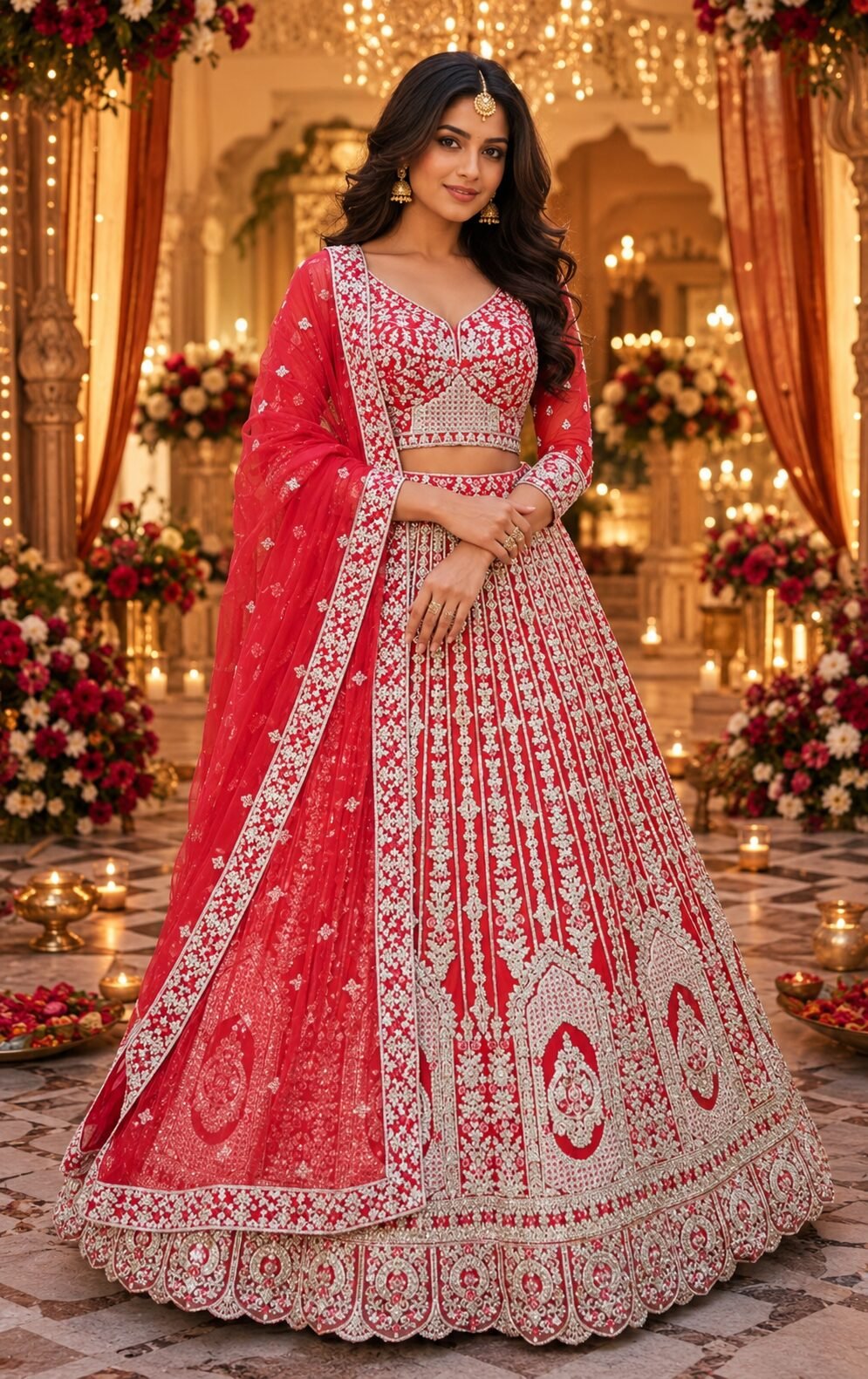 Devika Scarlet Red Silver Zari Bridal Lehenga Set